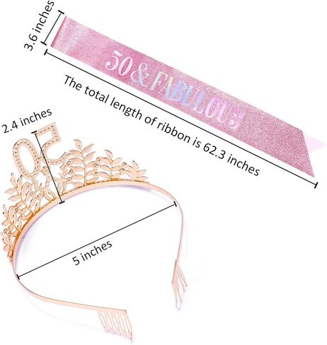 Chanaco 50th Birthday Sash and Crown 50 & Fabulous Birthday Sash Set 50th Birthday Party Favor Birthday Party Decoration for Her, rose pink in Kuwait