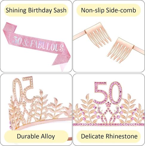 Chanaco 50th Birthday Sash and Crown 50 & Fabulous Birthday Sash Set 50th Birthday Party Favor Birthday Party Decoration for Her, rose pink in Kuwait