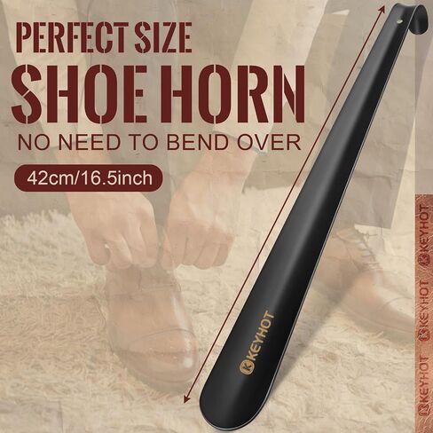 Metal Shoe Horn Long Handle 2Pcs, 16.5 inch Shoehorn Long Handled for Seniors Men - 7.5 inch Stainless Steel Small Shoe horns with Hook for Kid Women (Black) in Saudi Arabia