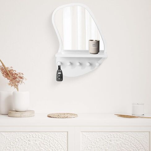 SANY DAYO HOME Wall Mount Wood Frame Irregular Mirror with 5 Wooden Hooks and Shelf, Modern Decorative Hanging Mirror for Entryway, Bedroom, Living Room (16″ x 12″, Black) in Saudi Arabia