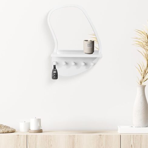 SANY DAYO HOME Wall Mount Wood Frame Irregular Mirror with 5 Wooden Hooks and Shelf, Modern Decorative Hanging Mirror for Entryway, Bedroom, Living Room (16″ x 12″, Black) in Saudi Arabia