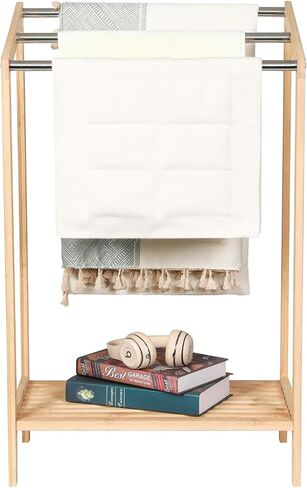 HYNAWIN Free-Standing Towel Rack,3 Tiers Bathroom Towel Drying Rack with Bottom Shelf,Wooden Blanket Holder, Bamboo Multi-Use Organizer for Towels, Blankets, and Slippers in Saudi Arabia