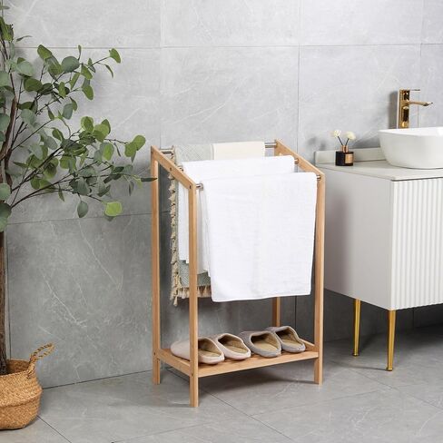 HYNAWIN Free-Standing Towel Rack,3 Tiers Bathroom Towel Drying Rack with Bottom Shelf,Wooden Blanket Holder, Bamboo Multi-Use Organizer for Towels, Blankets, and Slippers in Saudi Arabia