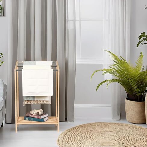 HYNAWIN Free-Standing Towel Rack,3 Tiers Bathroom Towel Drying Rack with Bottom Shelf,Wooden Blanket Holder, Bamboo Multi-Use Organizer for Towels, Blankets, and Slippers in Saudi Arabia