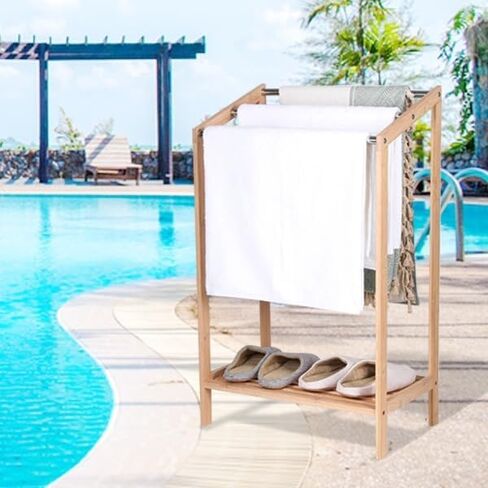 HYNAWIN Free-Standing Towel Rack,3 Tiers Bathroom Towel Drying Rack with Bottom Shelf,Wooden Blanket Holder, Bamboo Multi-Use Organizer for Towels, Blankets, and Slippers in Saudi Arabia