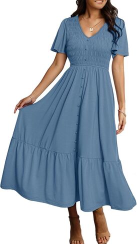 Simplee Womens Summer Smocked Flowy Dress - Casual Flutter Sleeve Tiered Boho Maxi Dresses with Pockets in Saudi Arabia