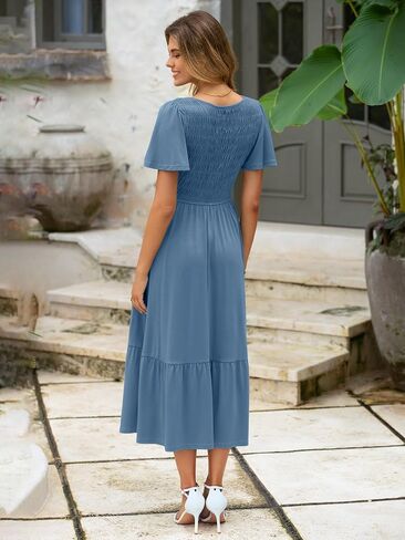 Simplee Womens Summer Smocked Flowy Dress - Casual Flutter Sleeve Tiered Boho Maxi Dresses with Pockets in Saudi Arabia