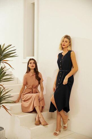 GRACE KARIN Women Casual Summer Dress 2025 Business Work Belted Sleeveless Button Down Shirt Midi Dresses with Pockets in Saudi Arabia
