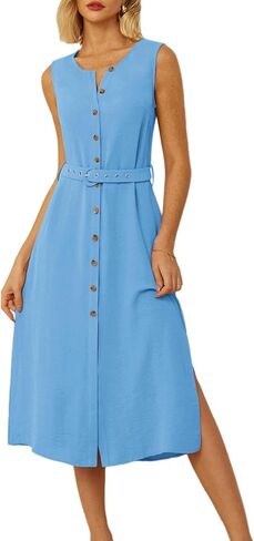 GRACE KARIN Women Casual Summer Dress 2025 Business Work Belted Sleeveless Button Down Shirt Midi Dresses with Pockets in Saudi Arabia