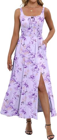 ANRABESS Women Summer Maxi Dress 2025 Square Neck Sleeveless Casual Boho Floral High Waist Slit Travel Vacation Sundress in Saudi Arabia