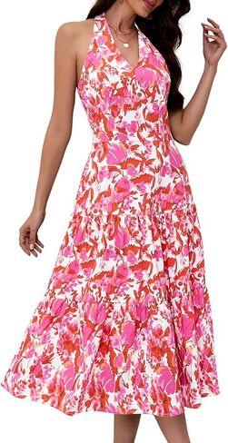DRESSTELLS Women's Summer Floral Dresses Maxi Boho Casual Halter Neck Spring Vintage Flowy Beach Long Sundress in Kuwait