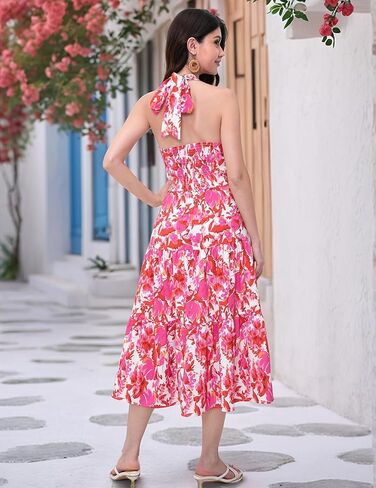 DRESSTELLS Women's Summer Floral Dresses Maxi Boho Casual Halter Neck Spring Vintage Flowy Beach Long Sundress in Kuwait