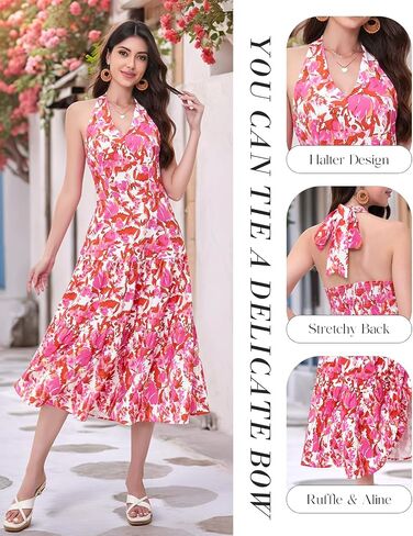 DRESSTELLS Women's Summer Floral Dresses Maxi Boho Casual Halter Neck Spring Vintage Flowy Beach Long Sundress in Kuwait
