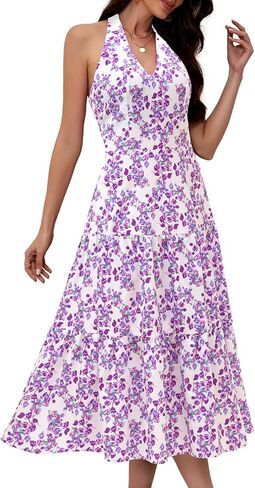 DRESSTELLS Women's Summer Floral Dresses Maxi Boho Casual Halter Neck Spring Vintage Flowy Beach Long Sundress in Kuwait