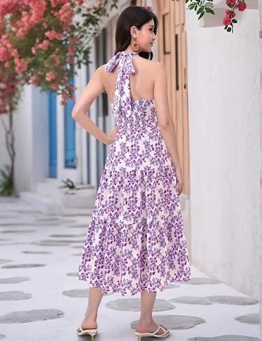 DRESSTELLS Women's Summer Floral Dresses Maxi Boho Casual Halter Neck Spring Vintage Flowy Beach Long Sundress in Kuwait
