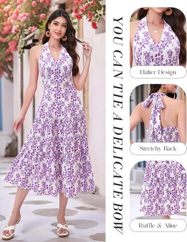 DRESSTELLS Women's Summer Floral Dresses Maxi Boho Casual Halter Neck Spring Vintage Flowy Beach Long Sundress in Kuwait