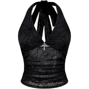 Verdusa Women's Gothic Sexy Halter Top Deep V Mesh Sheer Backless Fitted Crop Going Out Tops