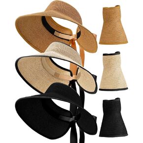 JaGely 3 Pieces Foldable Straw Sun Visors Hats Wide Brim Ponytail Summer Beach Hat Adjustable Sun Protection Hats for Women