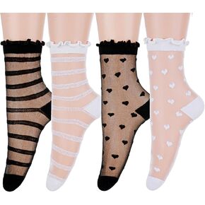 4Pairs Sheer Ankle Socks Women, See Through Ruffle Socks Ultra Thin Lace See Through Sock Cute Heart Striped Transparent Sock for Women Girls