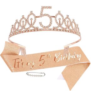 AOPRIE Rose Gold 5th Birthday Tiara & Sash Set for Women & Girls, 2 Pack