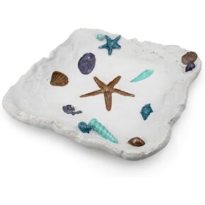 White Resin Ocean Tray, Decorative Seashell Starfish Conch Bowl Key Trinket Storage, Coastal Centerpiece Table Decor for Home Living Room Kitchen, Beach Themed Wedding Party Decor