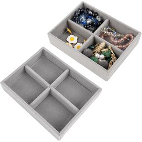 Framendino, 2 Pack Small Jewelry Trays Velvet Mini 4 Grids Drawer Inserts Organizer Grey