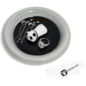 Small Ring Holder Dish with Jewelry Cleaning Cloth, Ceramic Panda Jewelry Dish Tray, Trinket Dish Jewelry Plate Earring Tray Panda Gifts for Women Birthday Engagement Wedding Christmas (Gray)