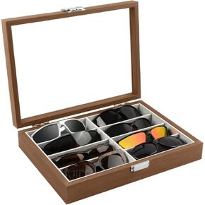 Homeanda Wooden Color 8 Grids Glasses Eyeglasses Case Sun Glasses Holder Eyewear Organizer Sunglasses Box Glasses Case Tray Glasses Display Showcase Organizer Jewelry Tray with Cover