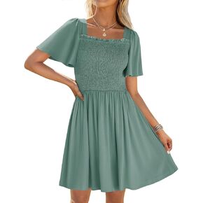 ZESICA Women's 2025 Summer Casual Mini Dress Flutter Short Sleeve Square Neck Smocked Tiered Ruffle Flowy Dresses