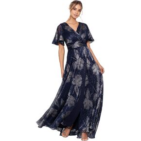 Betsy & Adam Women's V Neck Flutter Sleeve Metallic Print Flowy Dress