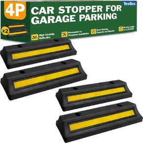 4 Pack Garage Parking Aid, 18.9'' Parking Stopper for Garage, Heavy Duty Rubber Garage Car Stopper with Reflective Yellow Tape Curb, Parking Gadgets Protects Garage Walls and Car