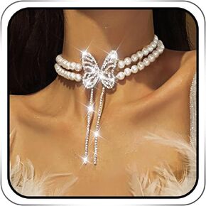 JEAIRTS Butterfly Rhinestone Choker Necklace Jewelry Silver Pearl Layered Chain for Women