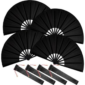 Nydotd 4 Packs Large Rave Fan Handheld Folding Fans Nylon Cloth Foldable with Holder Sleeve for Men & Women Performance Line Dance Chinese Kung Fu Tai Chi Decorations Party (Black, Large)
