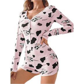 Wdirara Women's Cartoon Cow Print Romper v Neck Long Sleeve Button Front Shorts Sexy Onesie Pajama BodyCon بشكل عام