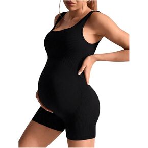 OYOANGLE Women's Maternity Romper Scoop Neck Ribbed Knit Sleeveless Short Jumpsuits Pregnancy Shapewear