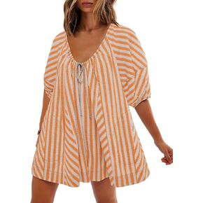 SENSERISE Womens Striped Romper Puff Sleeve Mini Shorts Romper Dress Beach Vacation Outfits with Pockets(Yellow,L)