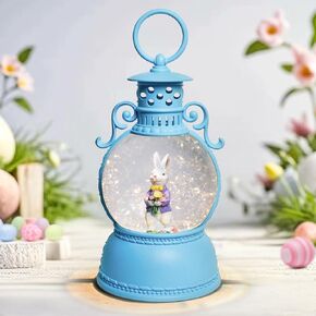 Easter Snow Globe, 9.4" Couples Bunny Snow Lanterns with 6Hr Timer, Battery or USB Powered Easter Bunny Figurine Snowglobe, Easter Decorations Indoor, Easter Gifts White Spring Decor