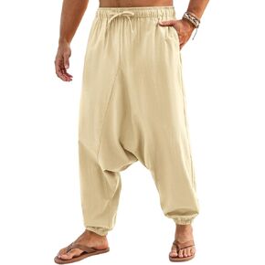 Runcati Mens Casual Harem Pants Baggy Hippie Yoga Cotton Linen Pants Drop Crotch Drawstring Beach Summer Trousers