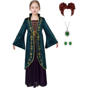 Winifred Sanderson Costume Toddler Kids Witch Sarah Sanderson Cosplay Robe Mary Dress with Wig Full Set for Halloween