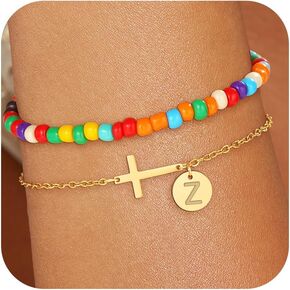 Colorful Initial Bracelets for Women Girls - Layered Cross Bracelet Dainty Initial Bracelet Gold Bracelets for Women Teen Girl Gifts Trendy Stuff