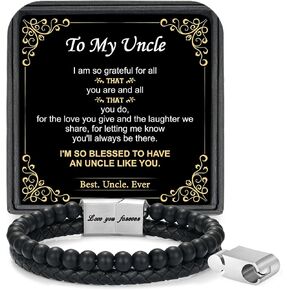 LUXEJEW Gifts for Men - Mens Bracelet, Beaded Leather Bracelets for Men Dad Husband Boyfriend Son Grandson Brother Nephew Uncle 6mm Matte Agate Stone Stainless Steel Magnetic Clasp Love You Forever