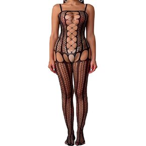 Women's Sexy Fishnet Bodysuit One Piece Sheer Bodystocking Lingerie Hollow Out Design for Club Rave Outfits Date Night Soft Nightwear
