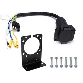 4 Way Flat to 7 Way Round Blade RV Trailer Adapter Wiring Harness with Mounting Bracket, 4 Pin to 7 Pin Electrical Connect Wiring Plug Connector for Truck RV Caravans