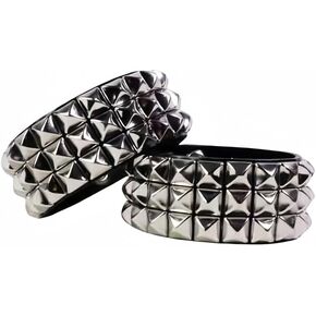 2PCS Genuine Leather Bracelet Cuff with Spikes Studs Rivets - Adjustable Metal Wristband for Men Women, 80s Goth Rock Accessories
