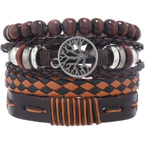 Multi-Layer Leather Bracelets, Mens Braided Vintage Religious Retro Patterns Evil Eye Beads Tree of Life Boho Charms Women Cuff Bracelet Anniversary Birthday Christmas Jewelry Gifts Pcs of 4