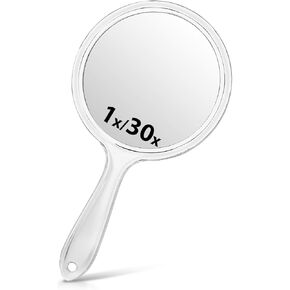 Hand Mirror, Double-Sided 1X/30X Magnifying Mirror with Handle, Acrylic, 8.3" L x 4.5" W, Clear, Pack of 1