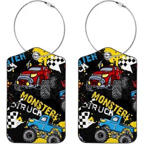 2 PCS علامات الأمتعة ، سيارة Monster Truck on Grunge Prints Pu Leather Luggage Tag with Privacy Rid Name Id Label for حقيبة سفر على ظهر حقيبة السفر