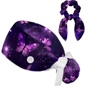 Women’s Working Cap Scrub Hats with Bow Scrunchies, Colorful Butterfly Dots Pattern Bouffant Surgical Cap Ponytail Holder