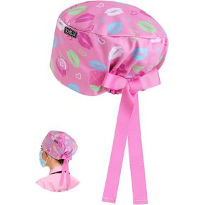 Pink Scrub Caps for Women with Buttons and Ribbon, Heart Patterned Euro Style Working Hat, Adjustable Head Cover for Long or Short Hair