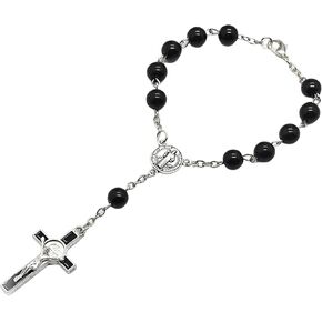Mai & Claire 925 Sterling Silver San Benito Bracelet للنساء والرجال - سوار القديس الكاثوليكي Benedict Cross Crystal ، St Benedict Black Glass Beads Bracelet ، St Benedict Bracelet